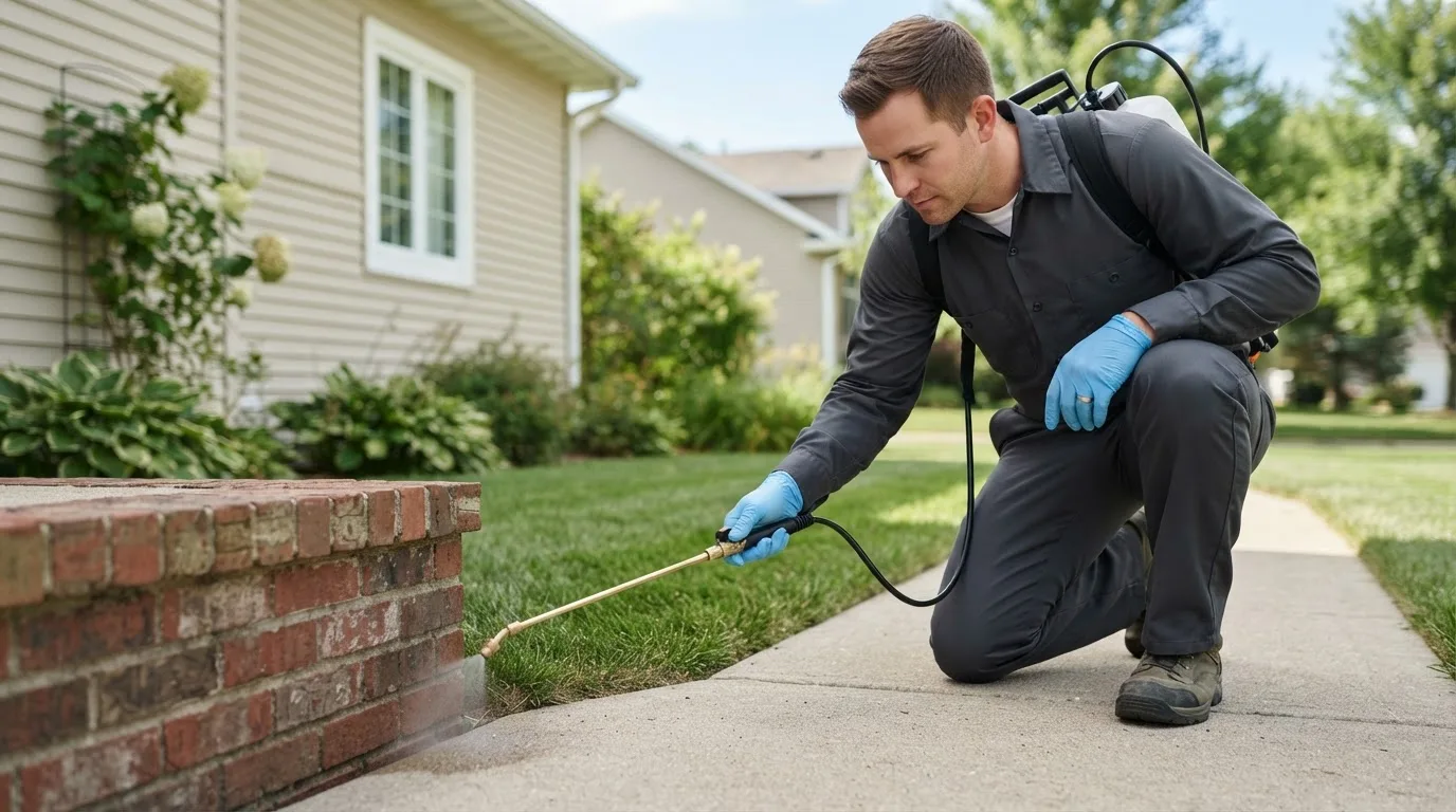 Pest control technician treating a home near Hustontown, PA