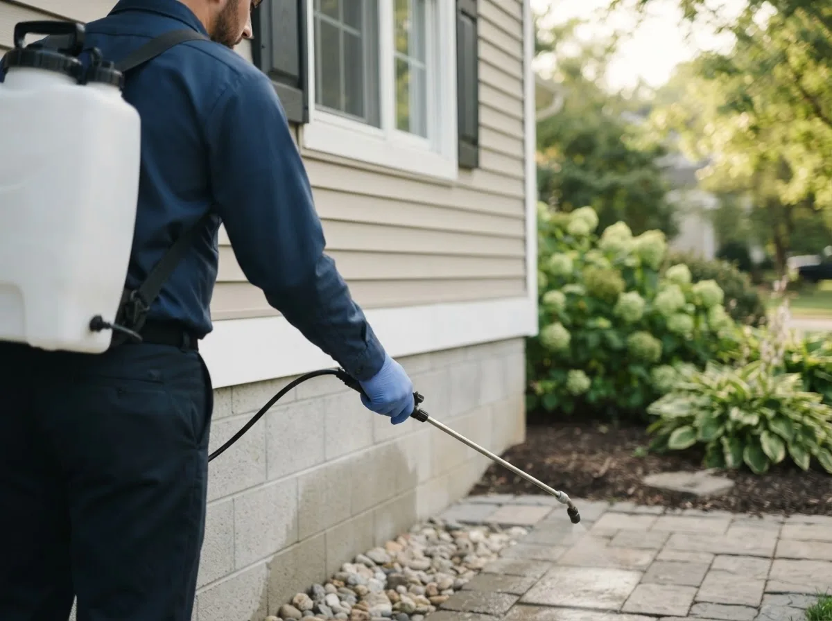 Pest control technician inspecting a home in Hustontown, PA